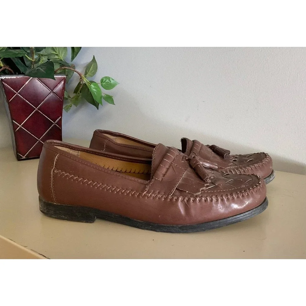 George Mens Loafers Casual‎ Shoes Size 8 Brown Faux Leather Woven Tassel Slip On